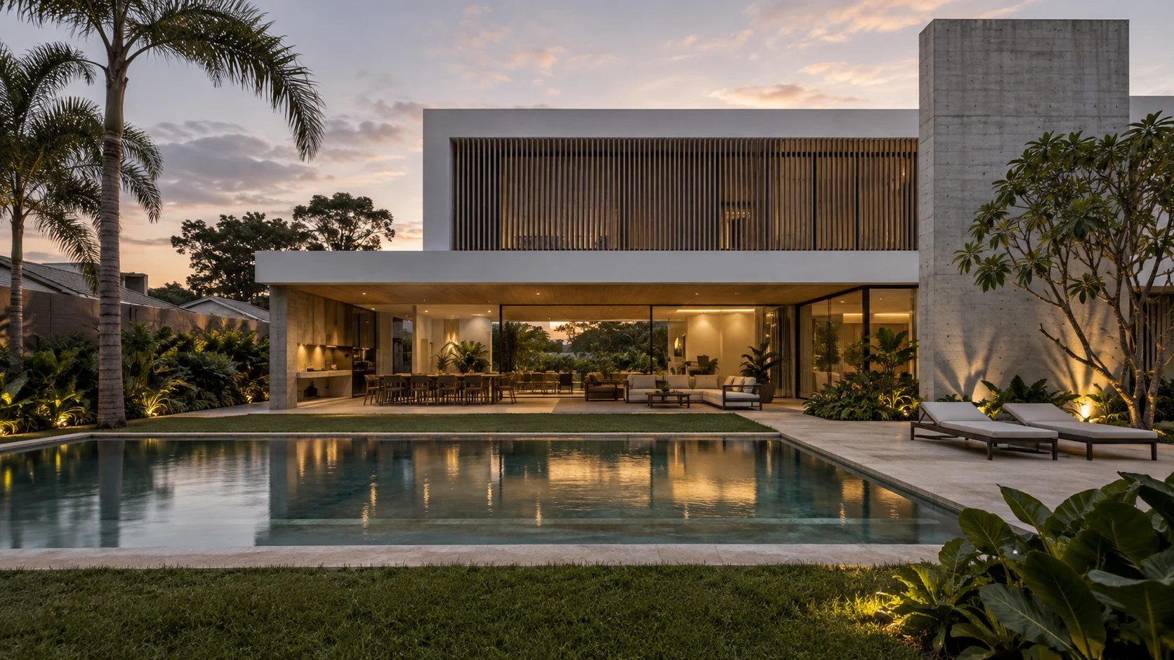 Residência de alto padrão com volumes de concreto e jardim tropical — imagem ilustrativa